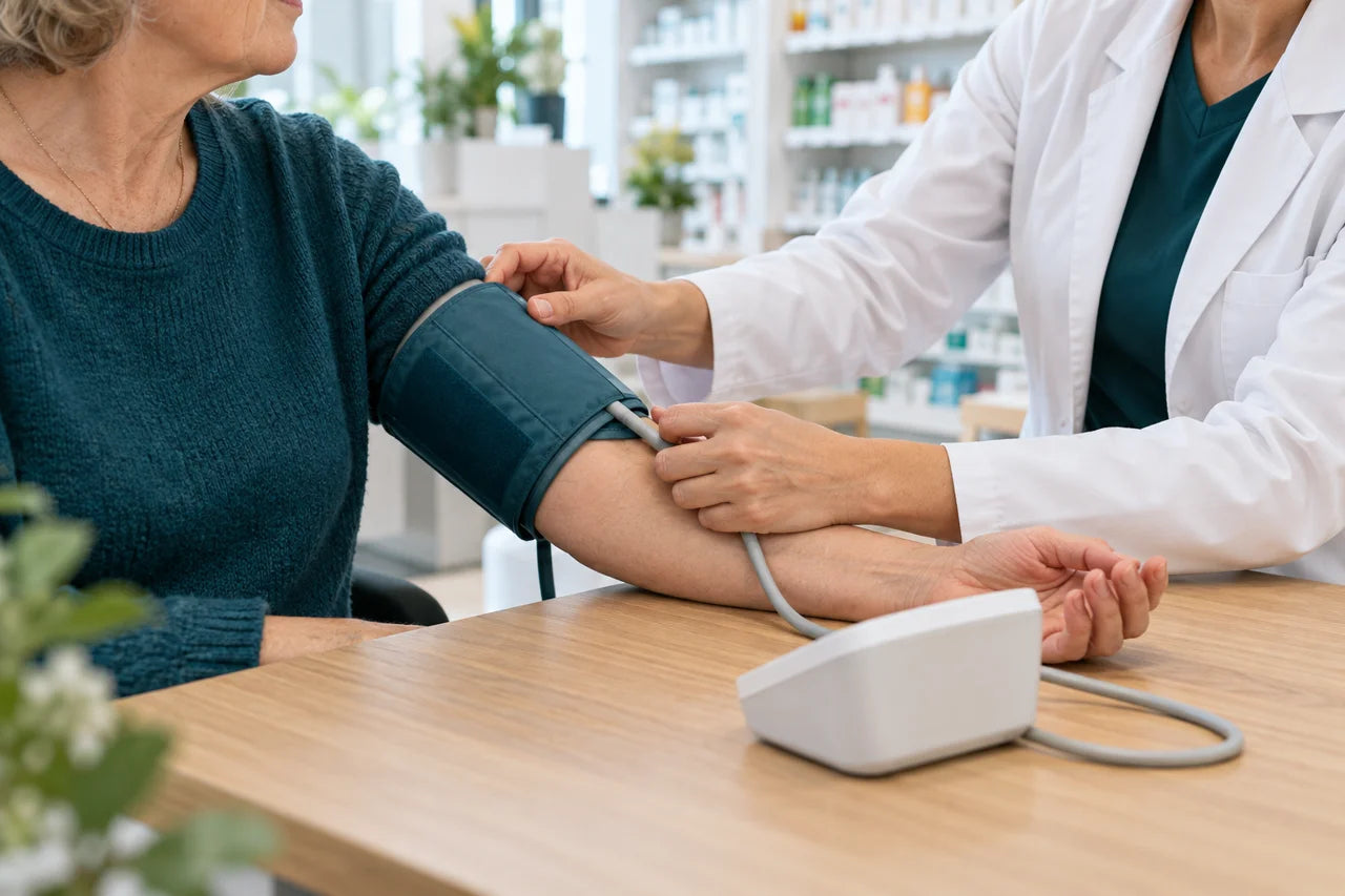Illustrative Blutdruckmessung in einer Apotheke
