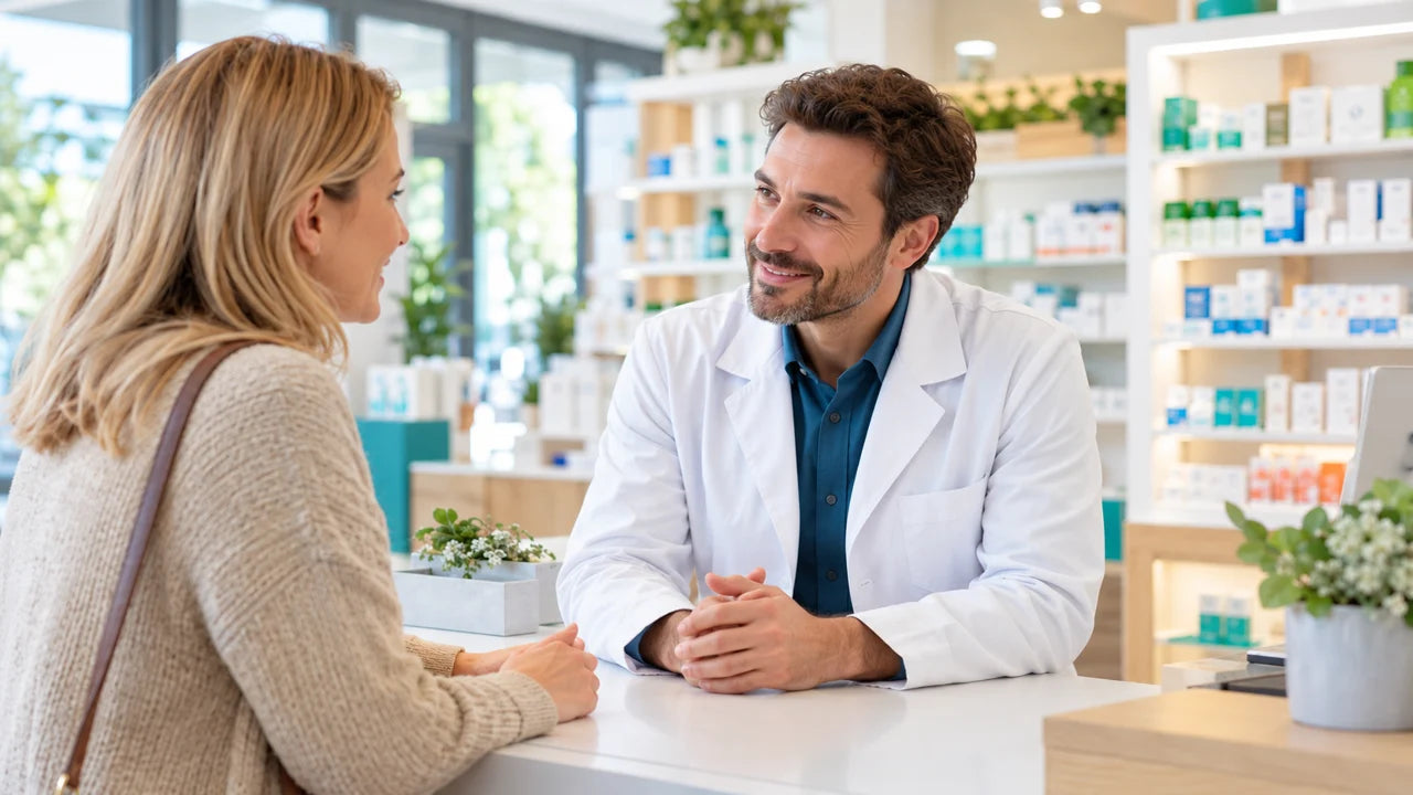 Illustratives Foto eines männlichen Apothekers im Gespräch mit einer Kundin